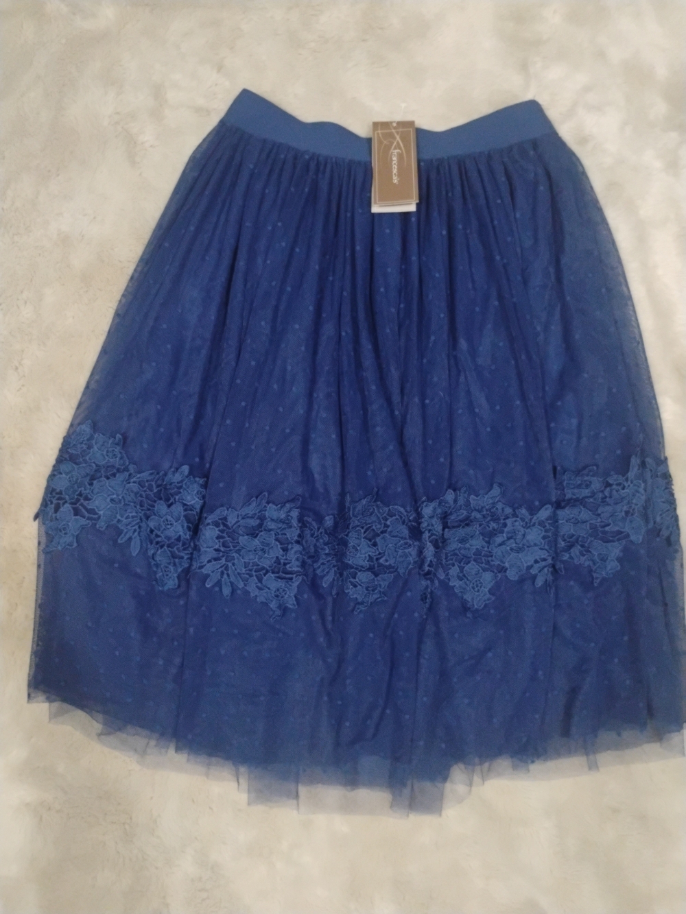 Francesca's Collections Navy Blue Floral Lace Midi Tulle Skirt